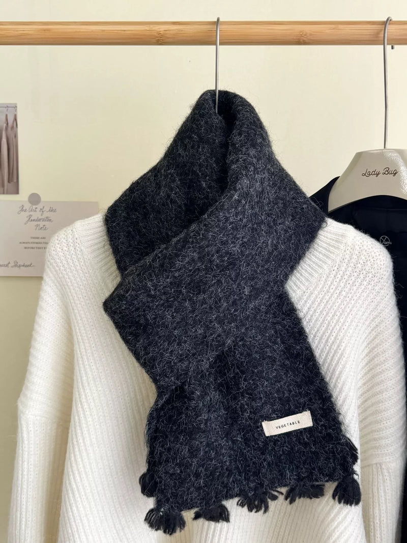 Wool tassel knitted scarf around the neck