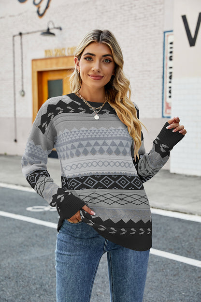 Round Neck Drop Shoulder Sweater Black - Fashorio