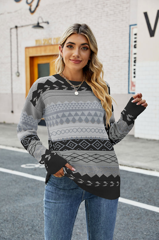 Round Neck Drop Shoulder Sweater Black - Fashorio