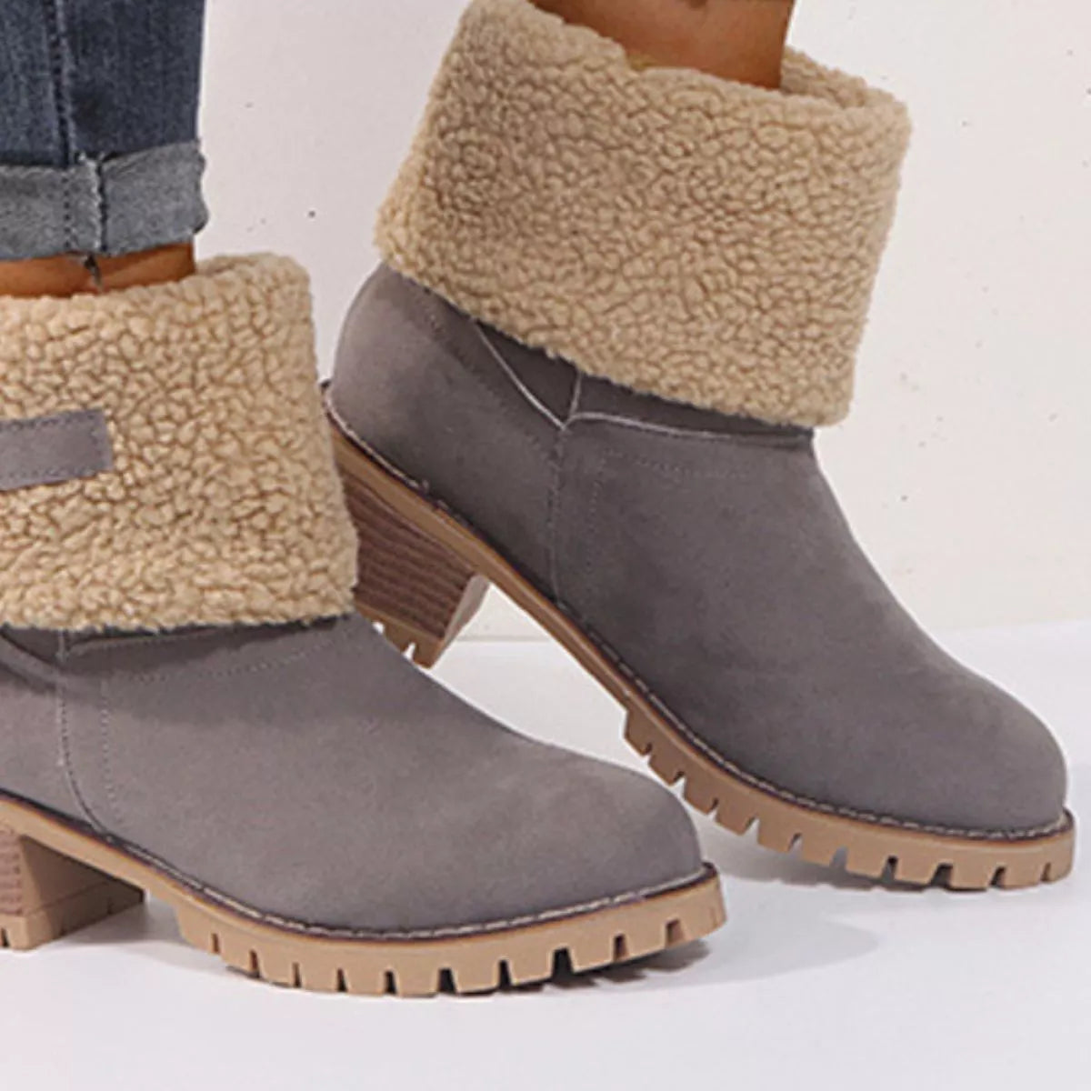 Suede round toe block heel boots colour close up