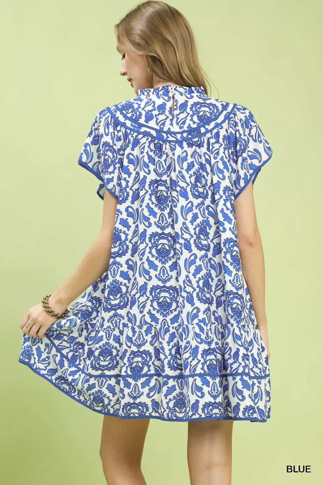 Abstract Print Babydoll Mini Dress in Blue side view