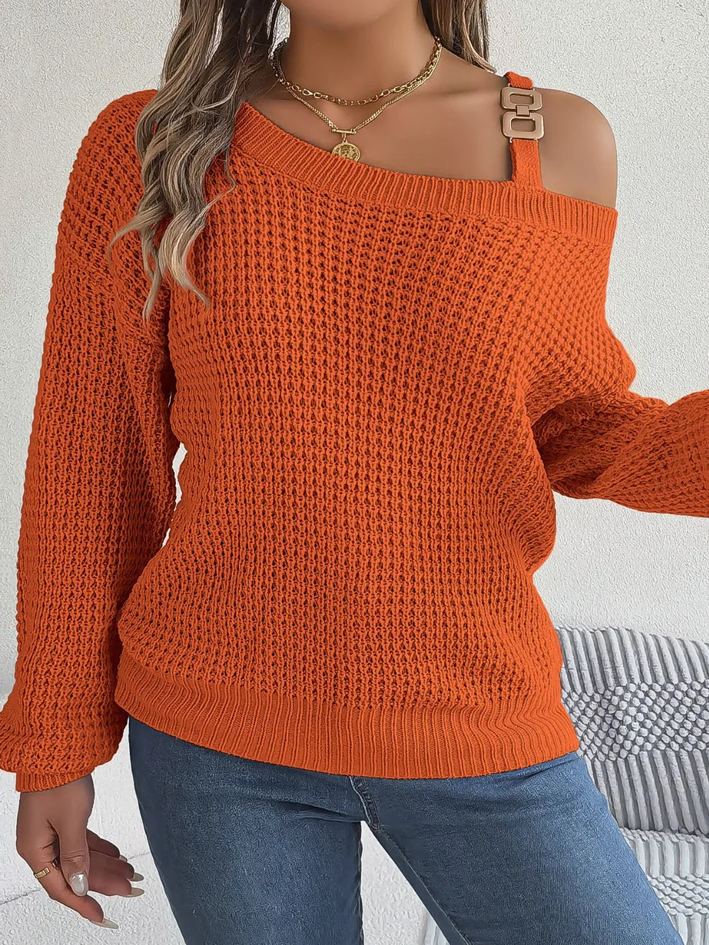 Asymmetrical Neck Long Sleeve Sweater - Fashorio