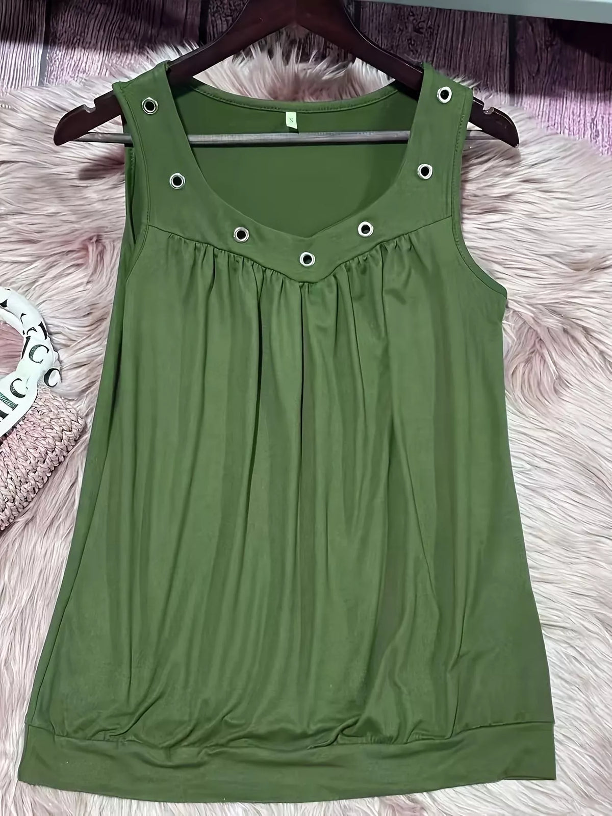 Army green eyelet ruched tank side view