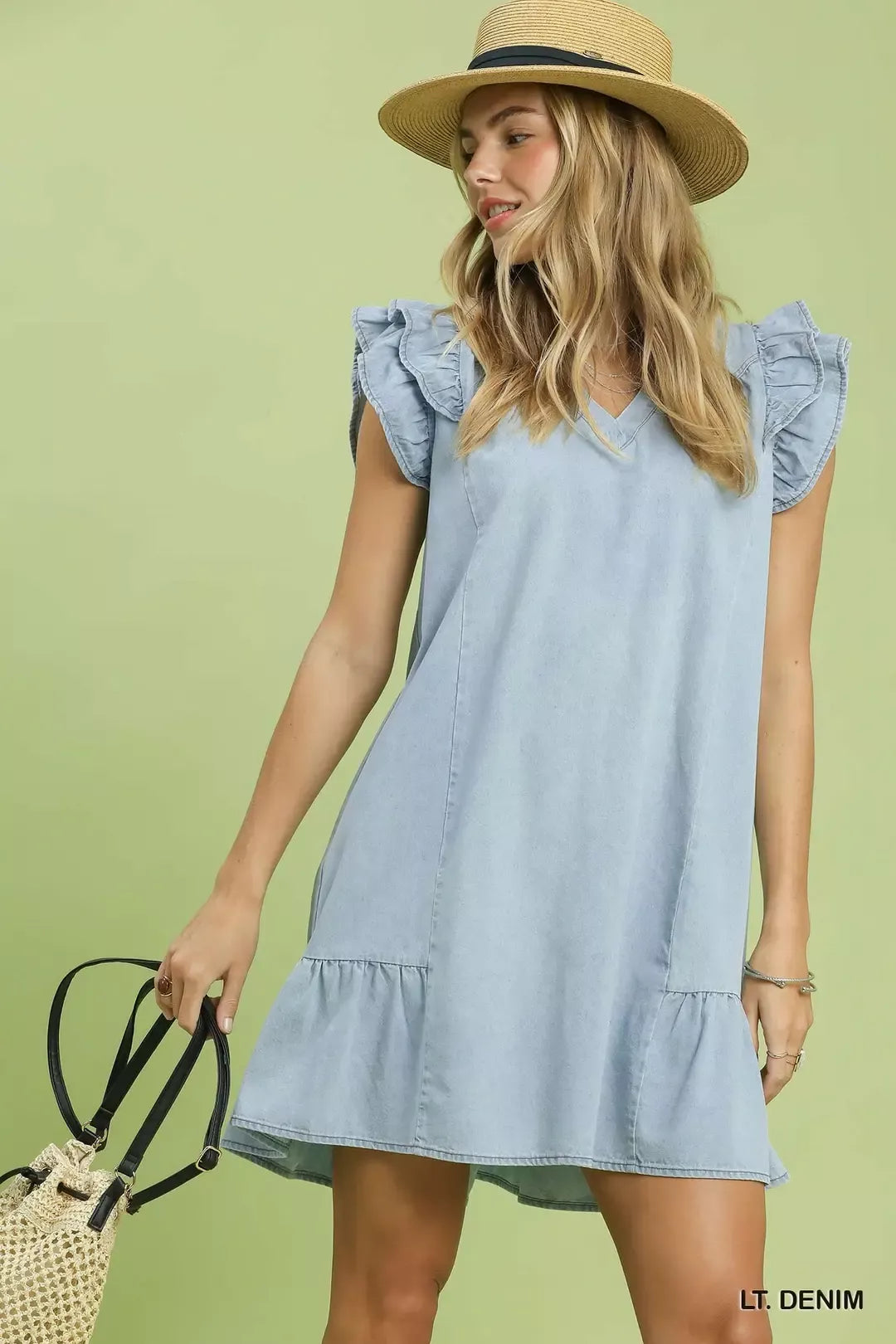 Chambray Ruffled Denim Dress with Side Pockets detail