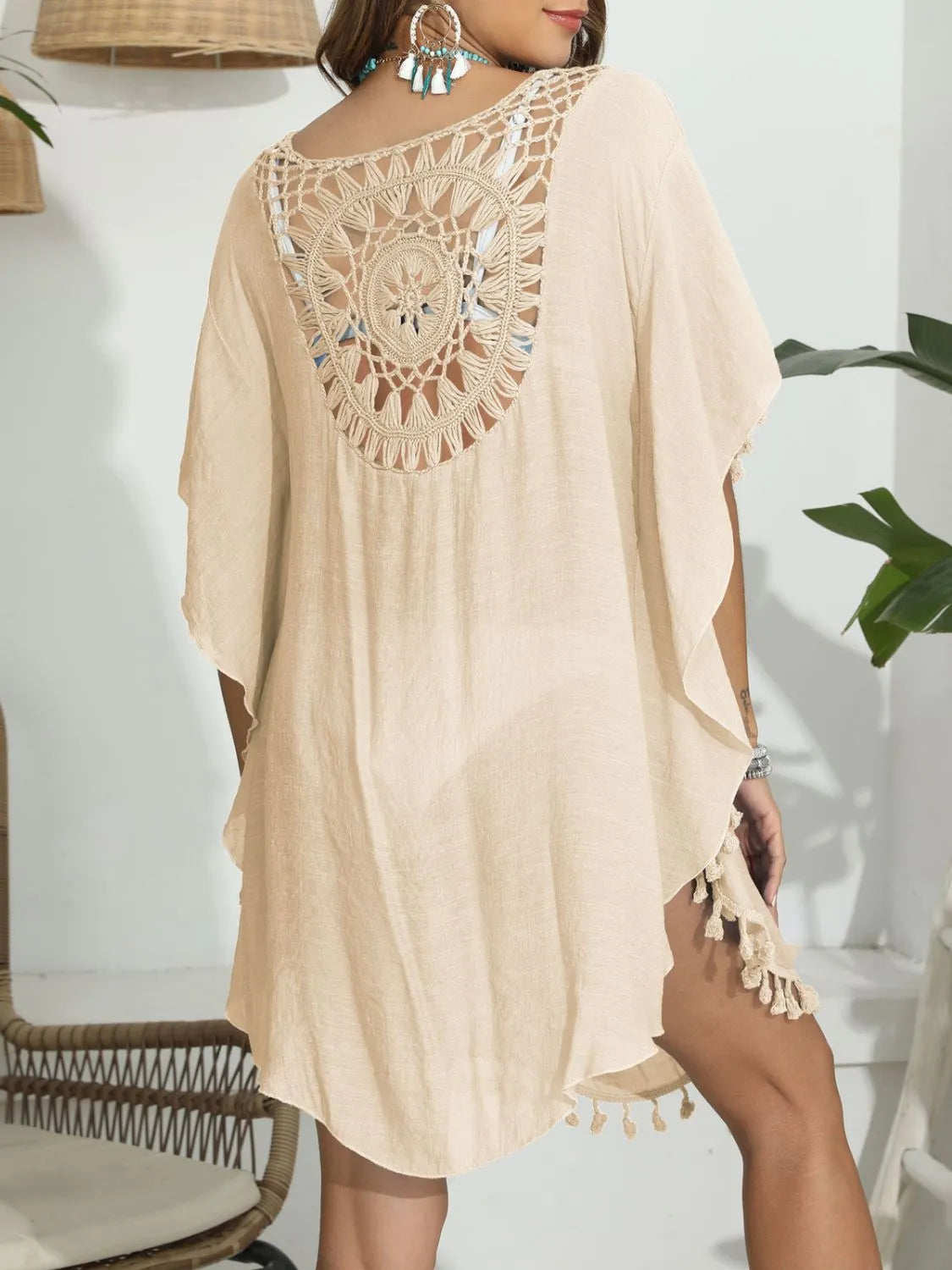 Tassel Crochet Round Neck Cover-Up - Fashorio