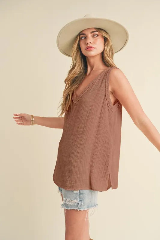 V neck wide strap tank in caramel front view