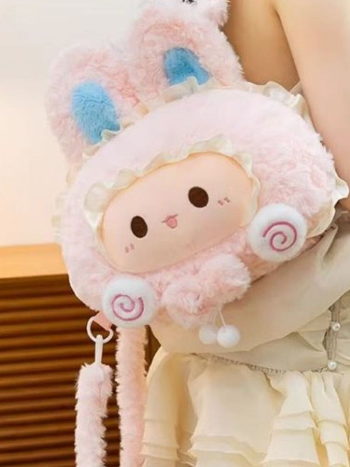 pink plush bunny backpack side profile