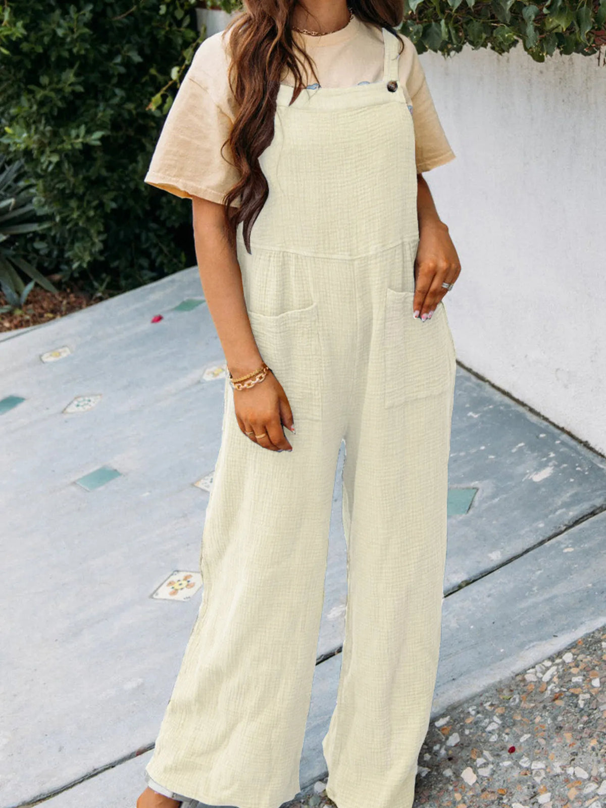 Casual Wide Leg Textured Overalls, view 22