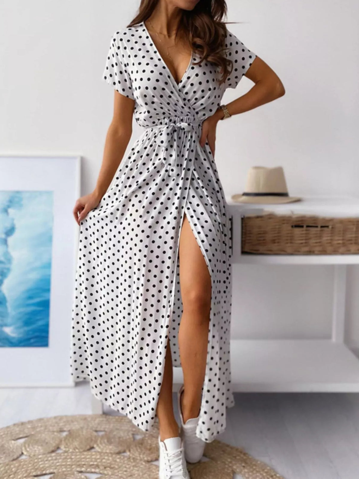 Polka dot surplice maxi dress with belt and slit full length view