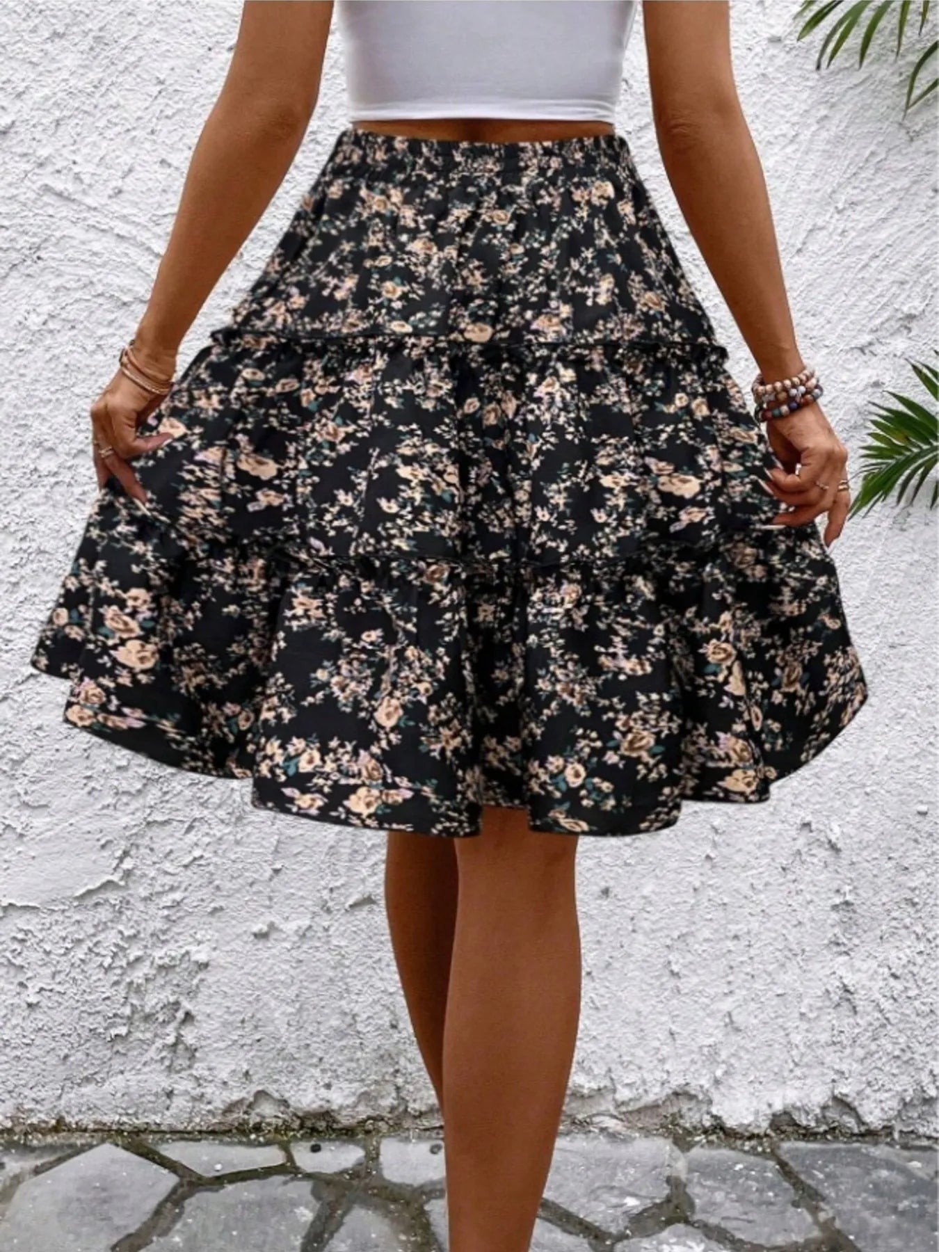 Floral Print Midi Skirt Black - Fashorio