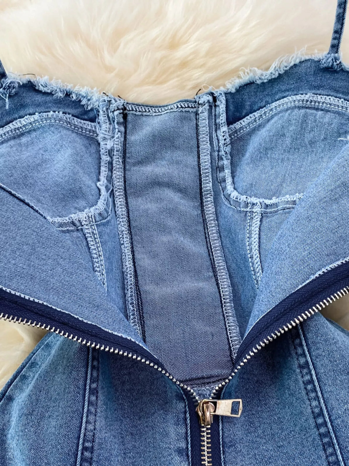 Blue lace up denim A line mini dress styled look