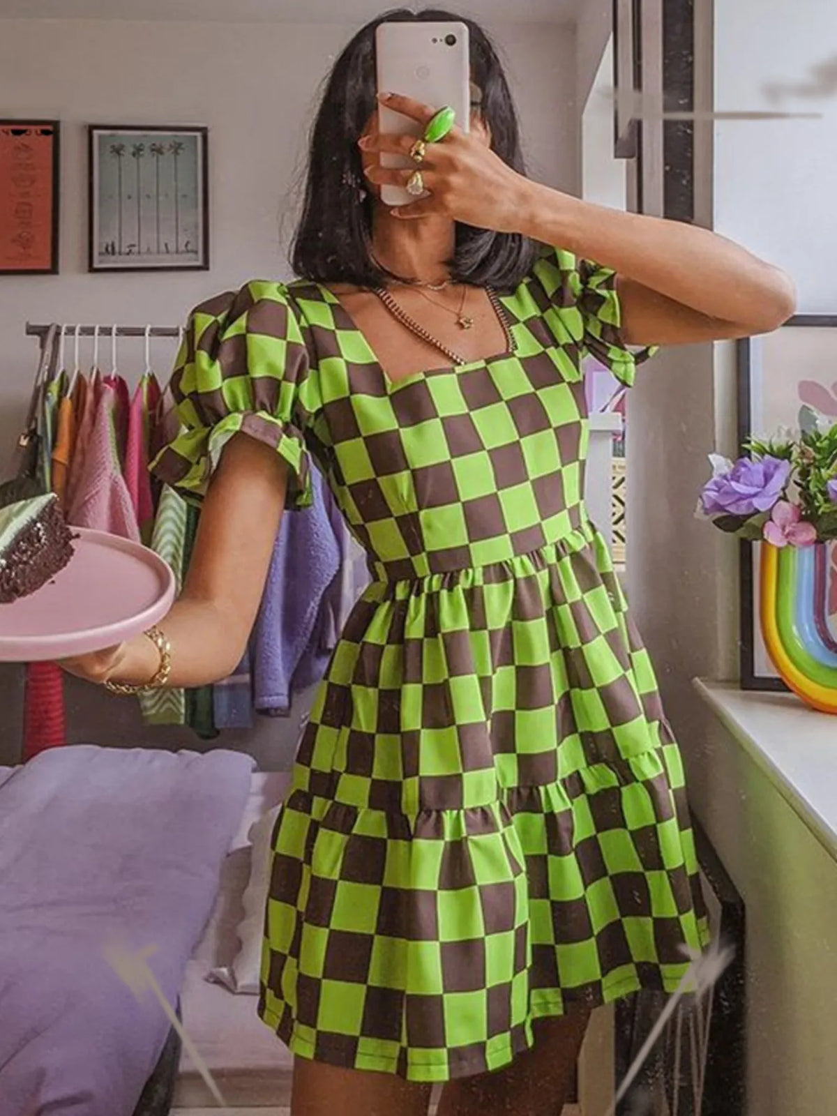 Checkered Tiered Mini Dress in Green side view