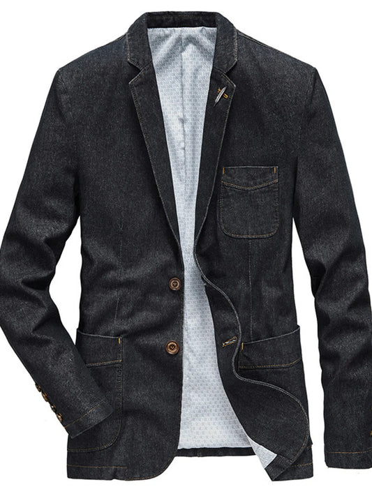 Men's Plus Size Lapel Collar Long Sleeve Denim Blazer Black - Fashorio