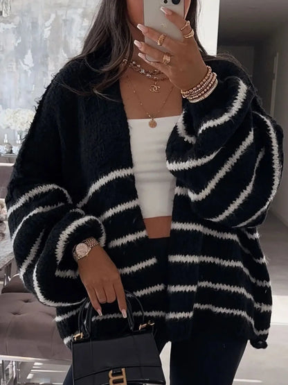 Striped Open Front Dropped Shoulder Cardigan - Fashorio
