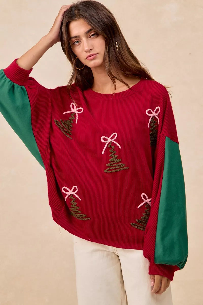 Embroidered Christmas Tree Sweater in Red back view