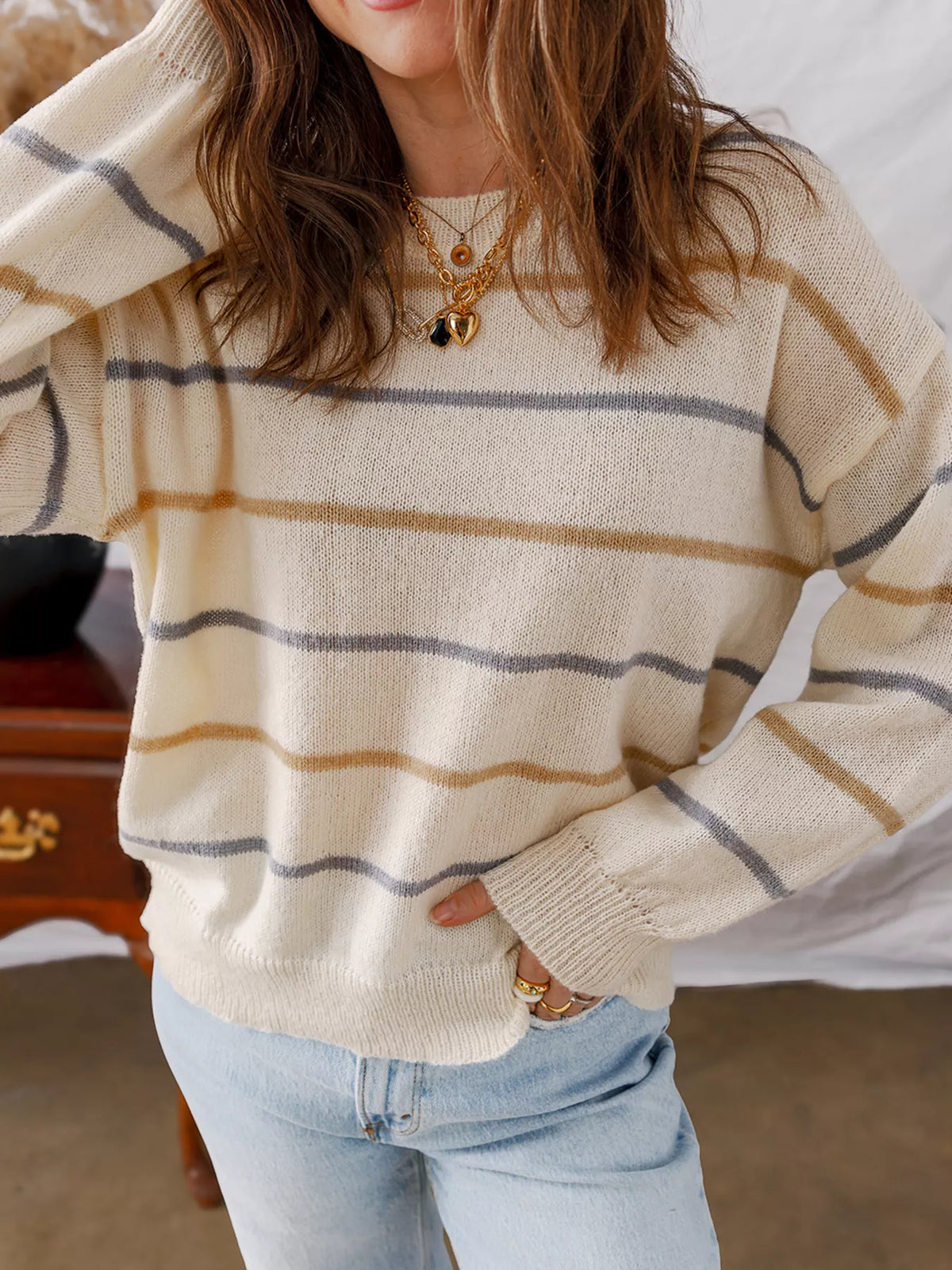 Striped ribbed drop shoulder sweater, knit texture close up