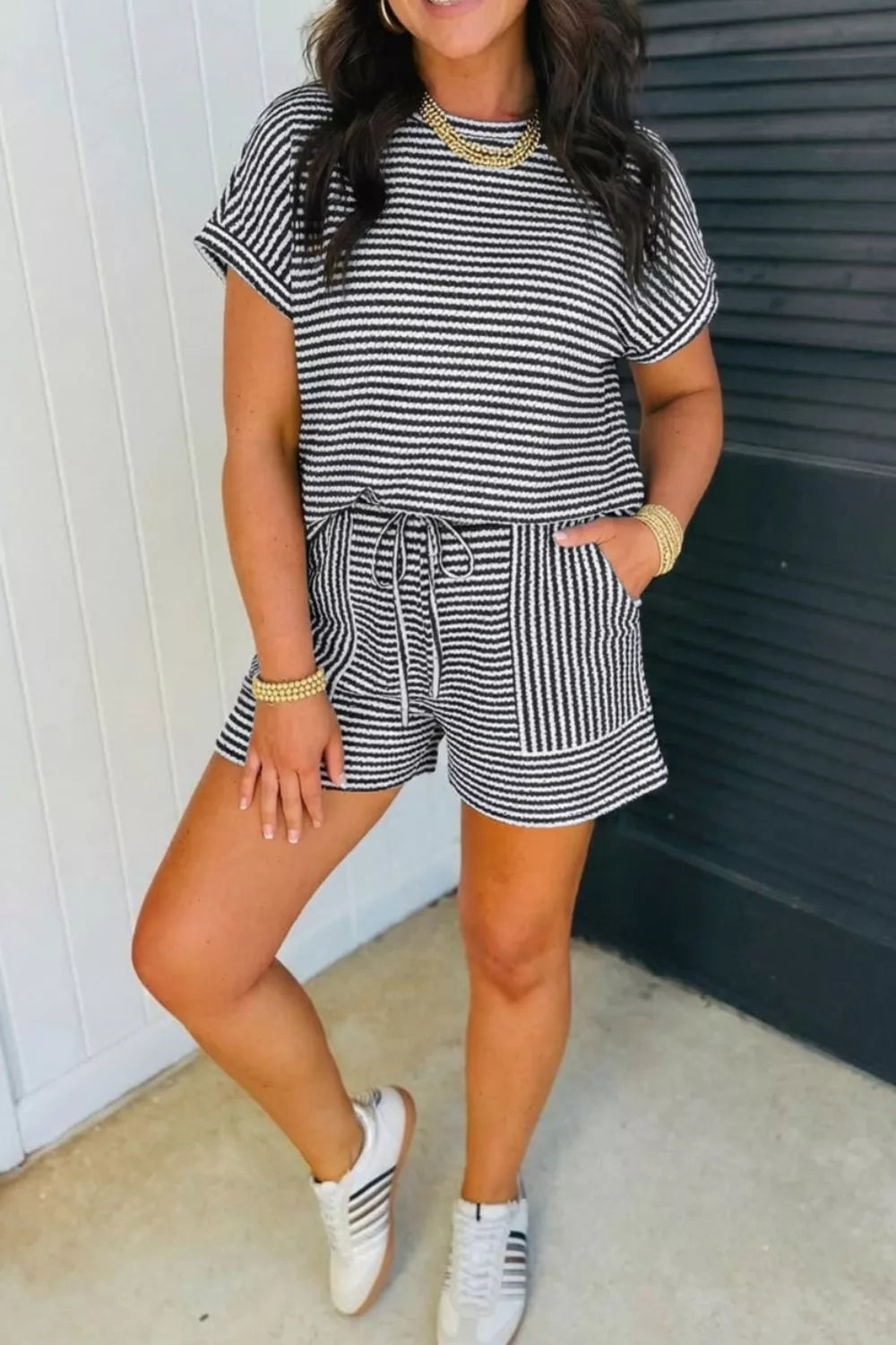 Relaxed fit striped knit shorts set full look