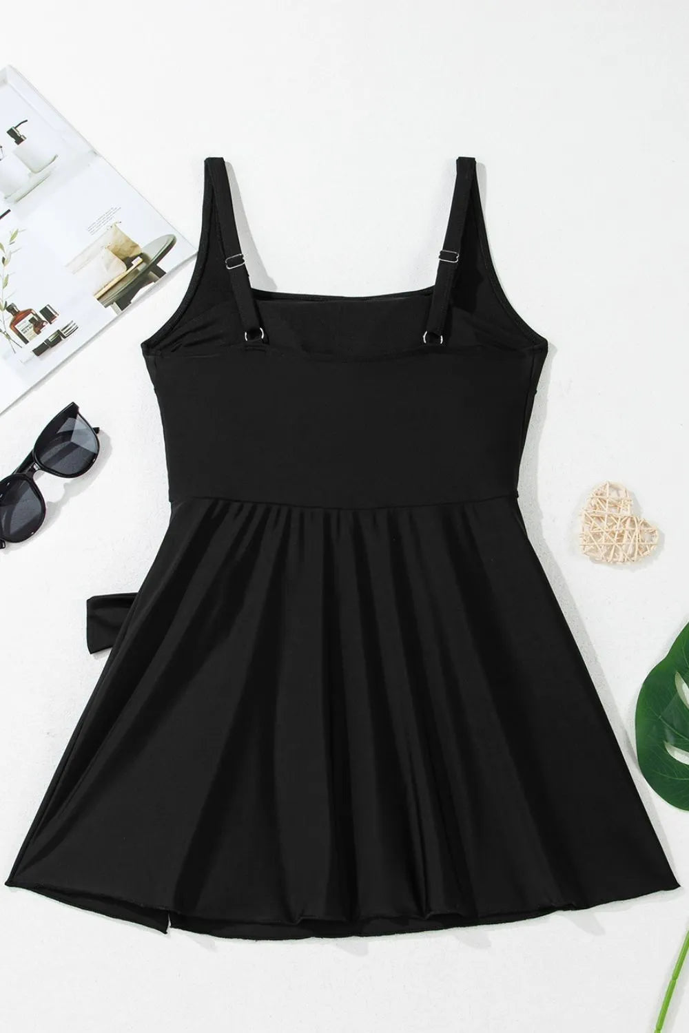 Side Tied Waist Square Neck Adjustable Straps A-line One Piece Swim Dress - Fashorio