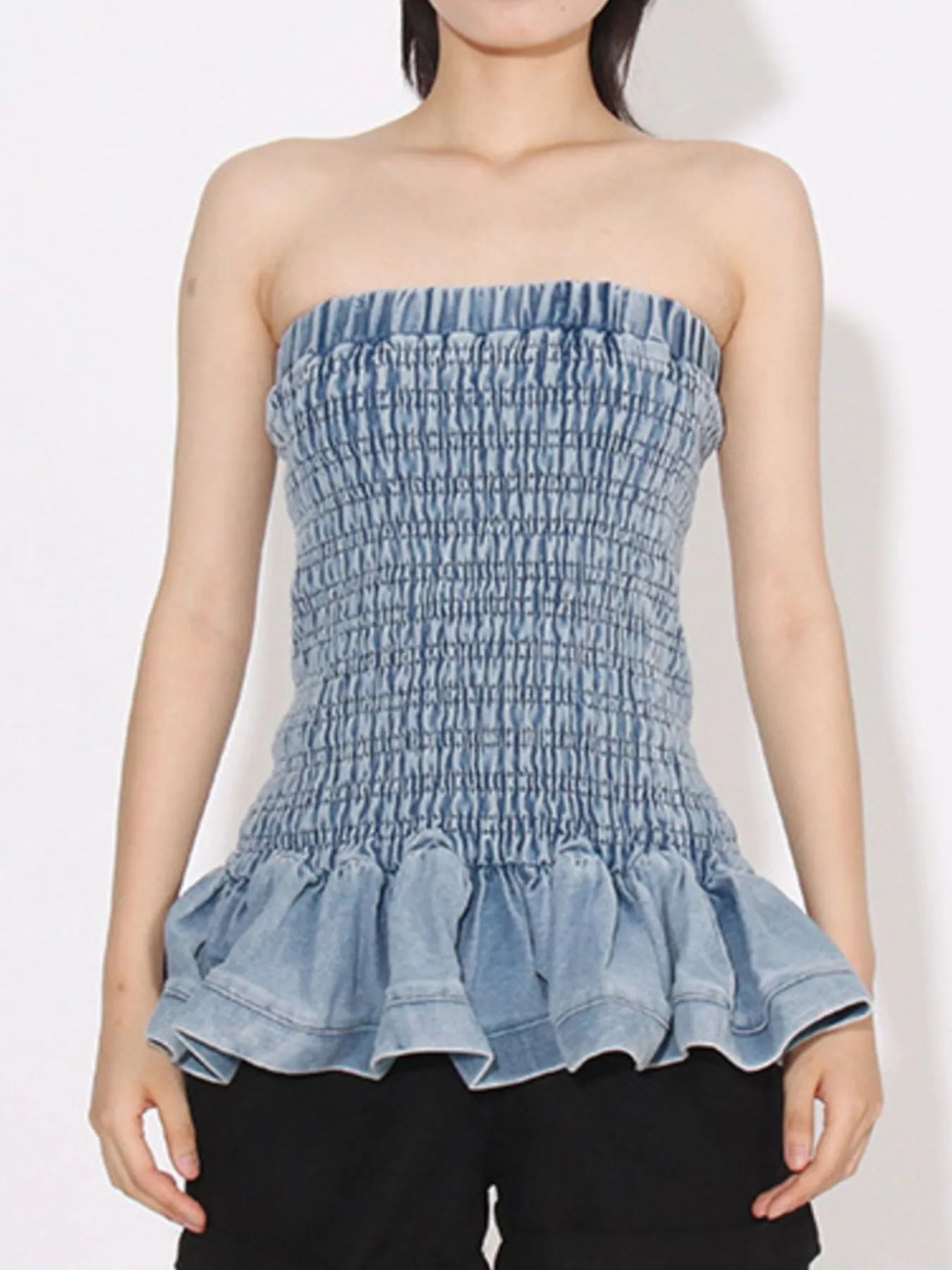 Smocked Ruffled Hem Denim Tube Top - Fashorio