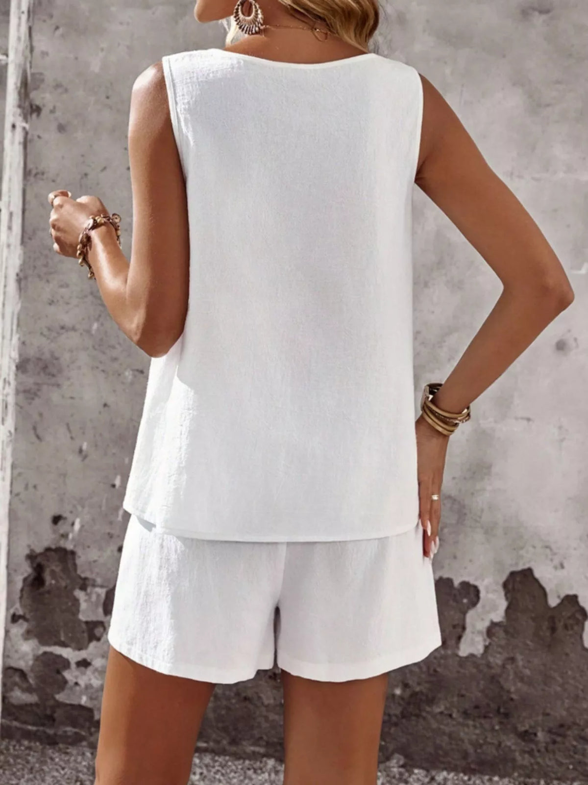 Decorative Button Round Neck Tank and Shorts Set, view 14