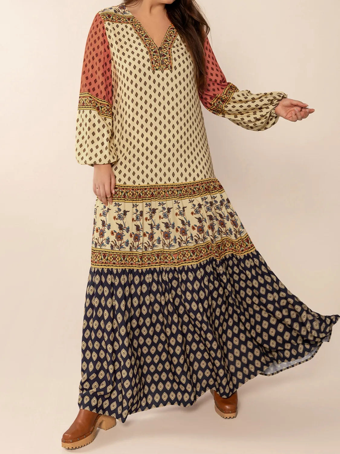 Printed V neck balloon sleeve maxi dress in khaki back view
