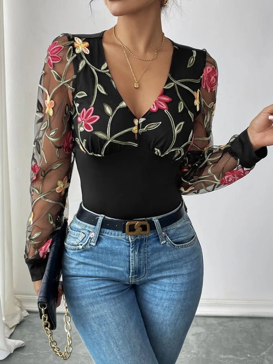 Perfee Embroidered V-Neck Long Sleeve Bodysuit Black - Fashorio