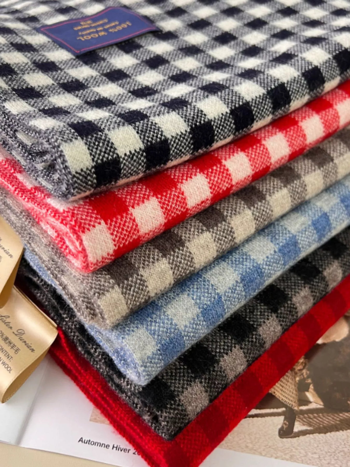 Wool plaid scarf looped around the neck