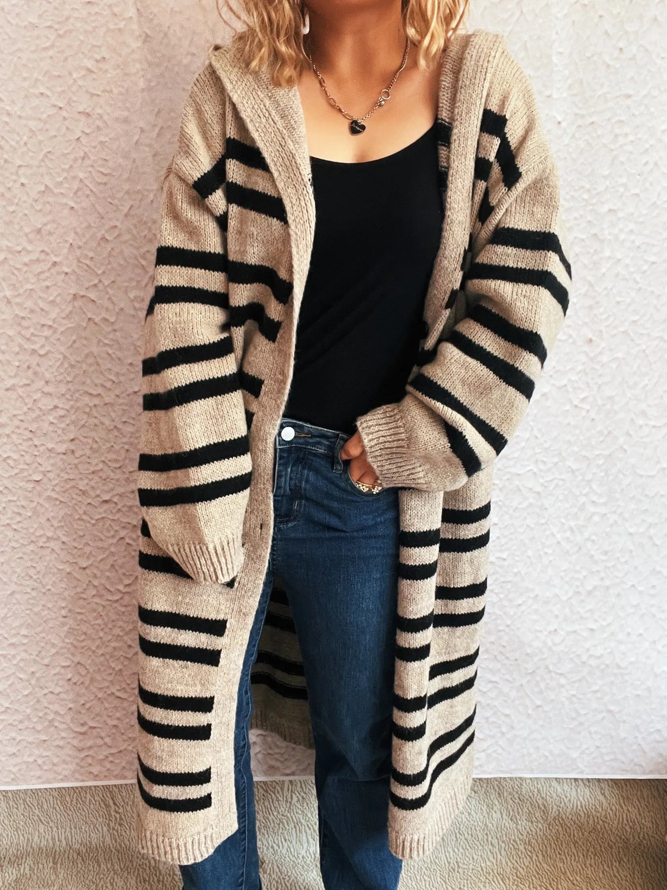 Striped Open Front Hooded Cardigan - Fashorio