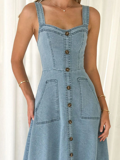 Wide Strap Sweetheart Neck Denim Dress - Fashorio