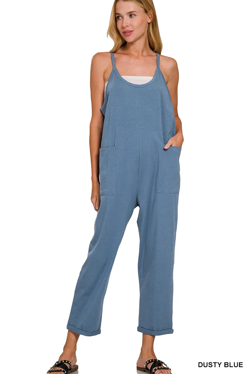 Zenana Spaghetti Strap Pocketed Jumpsuit DUSTY TEAL - Fashorio