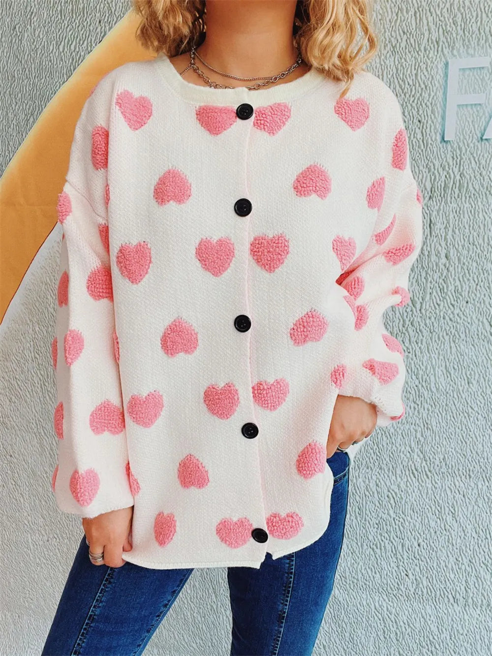 Heart Button Up Long Sleeve Cardigan White One Size - Fashorio