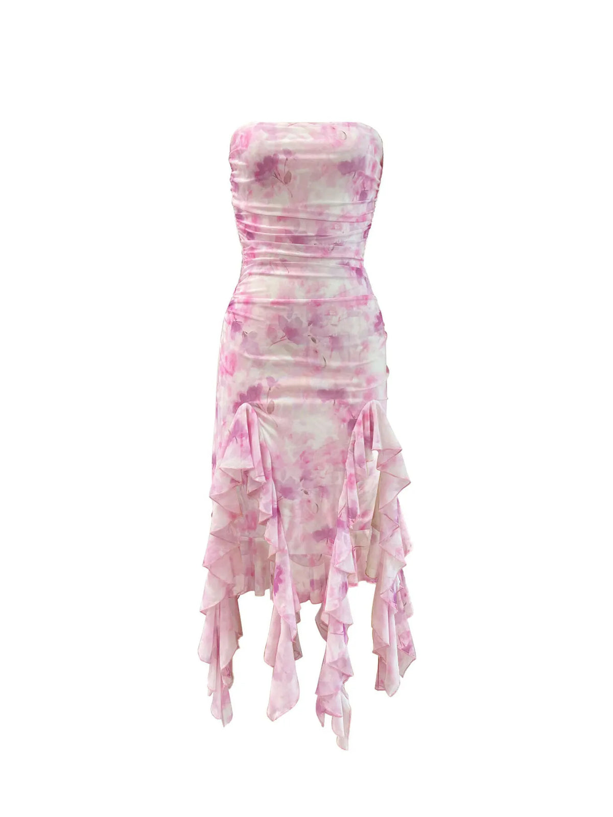 tie dye strapless ruffle hem dress neckline detail