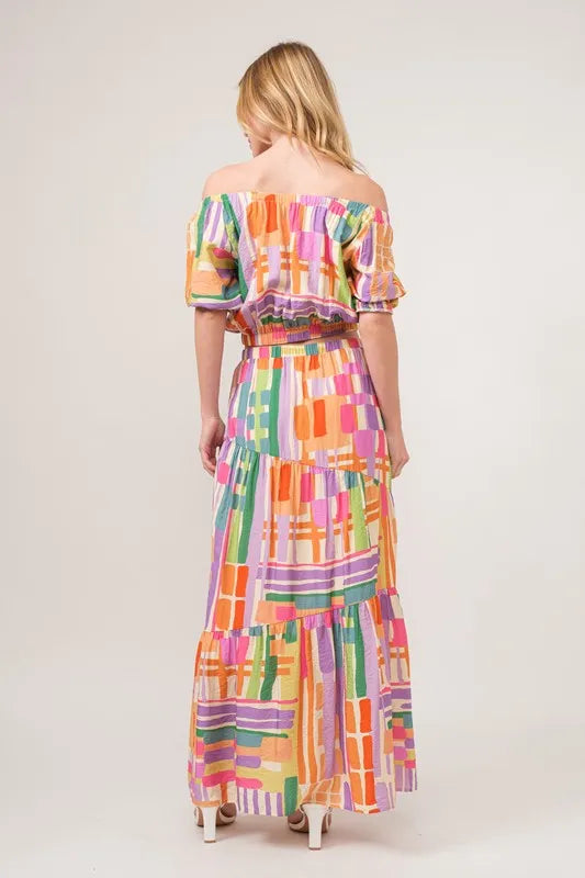 And The Why Asymmetric Geo Printed Tiered Maxi Skirt - Fashorio