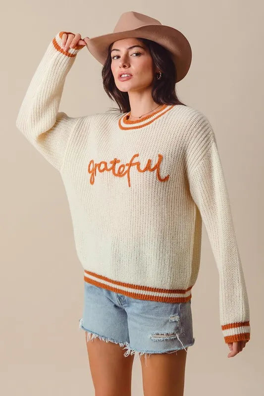 SO ME Thanksgiving Grateful Lettering Stitch Sweater - Fashorio