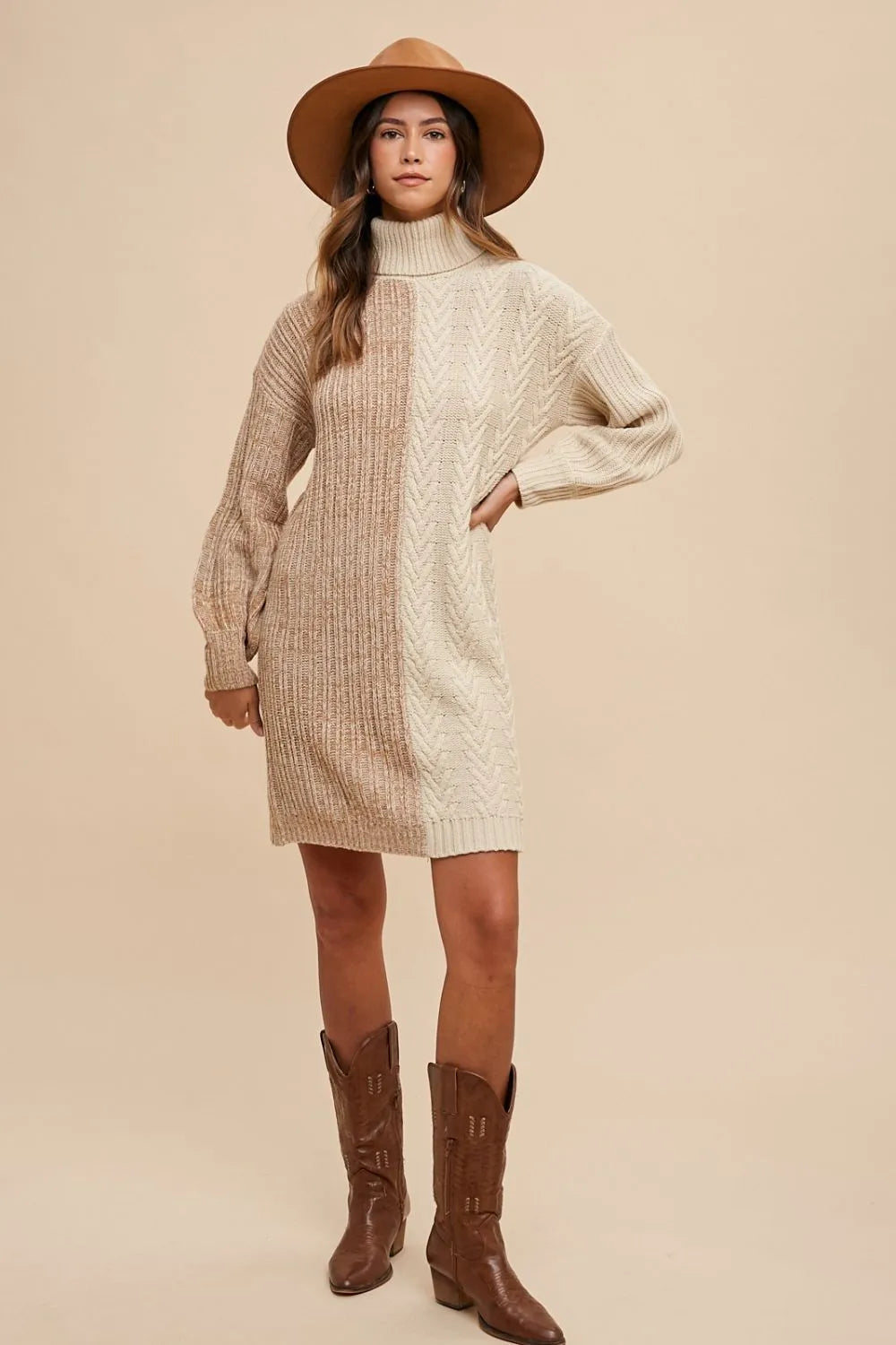 Color Block Turtleneck Sweater Dress in Taupe on model