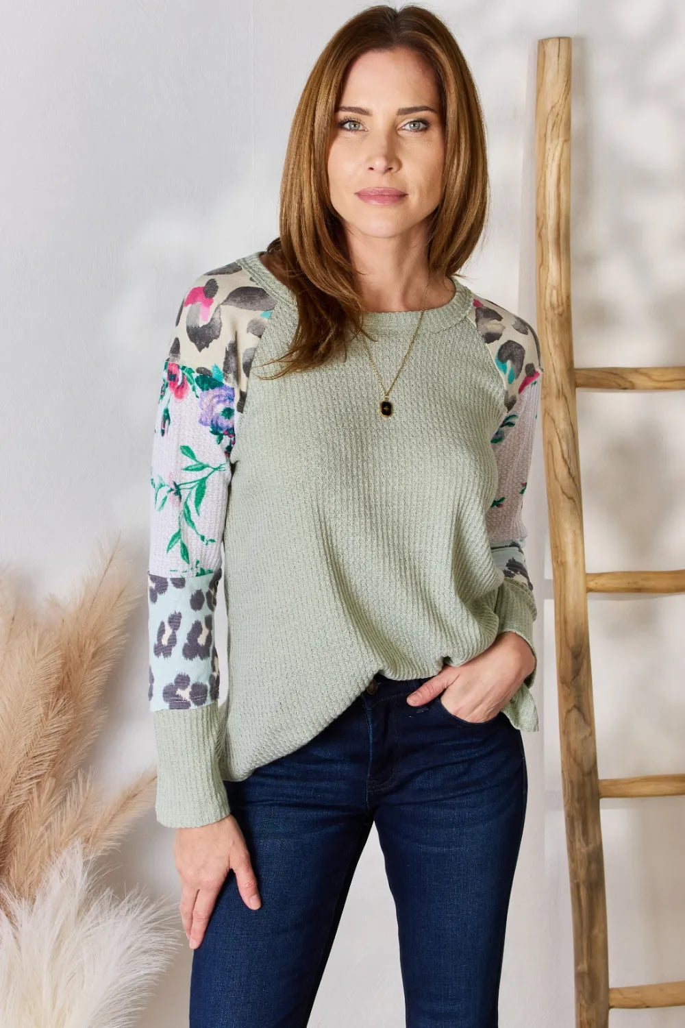 Hailey & Co Full Size Printed Round Neck Blouse SAGE - Fashorio
