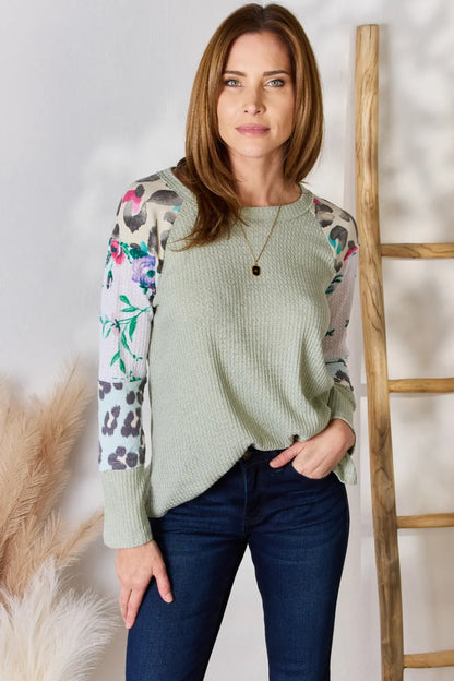 Hailey & Co Full Size Printed Round Neck Blouse SAGE - Fashorio