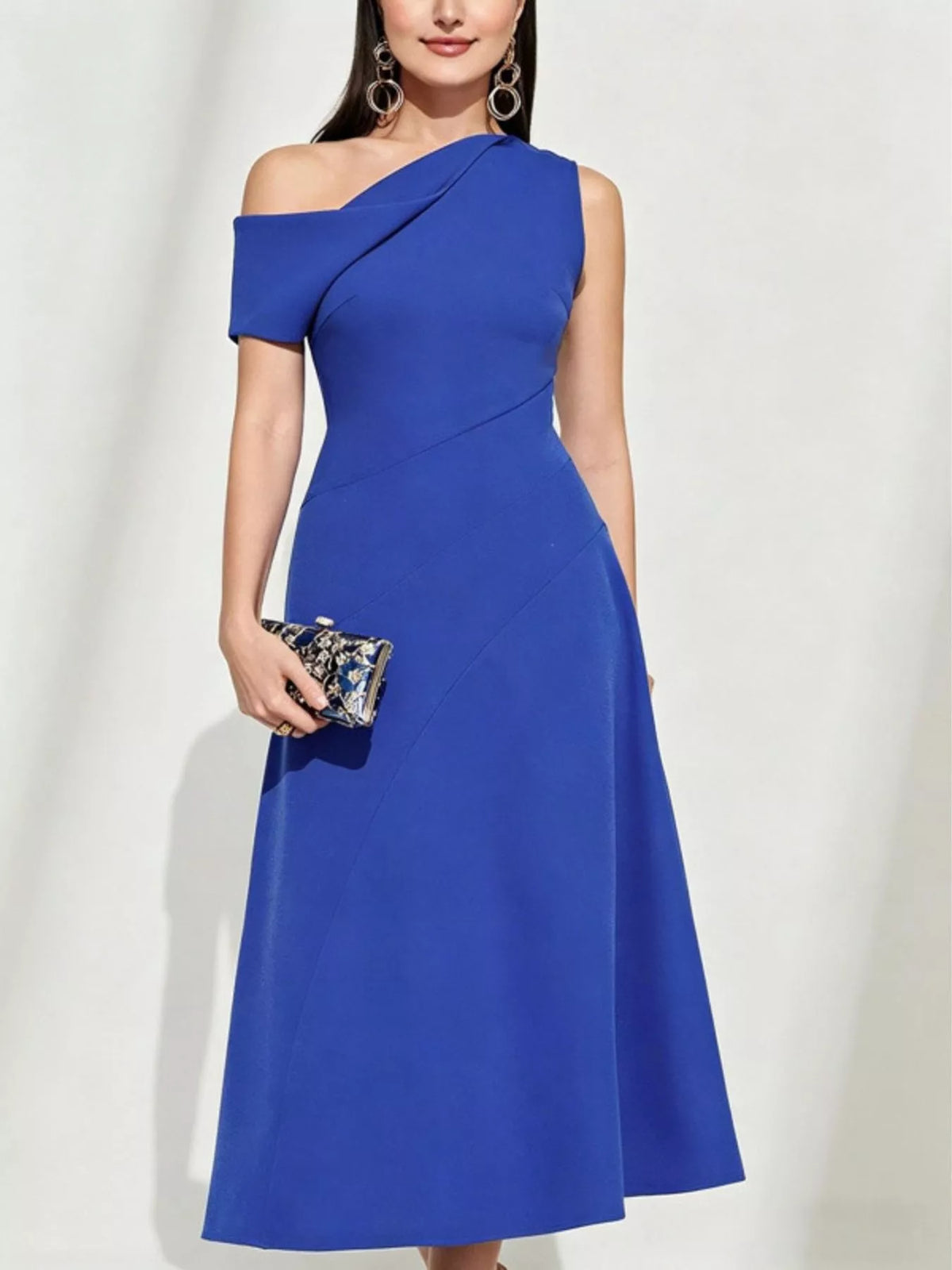 one shoulder midi dress in royal blue side view