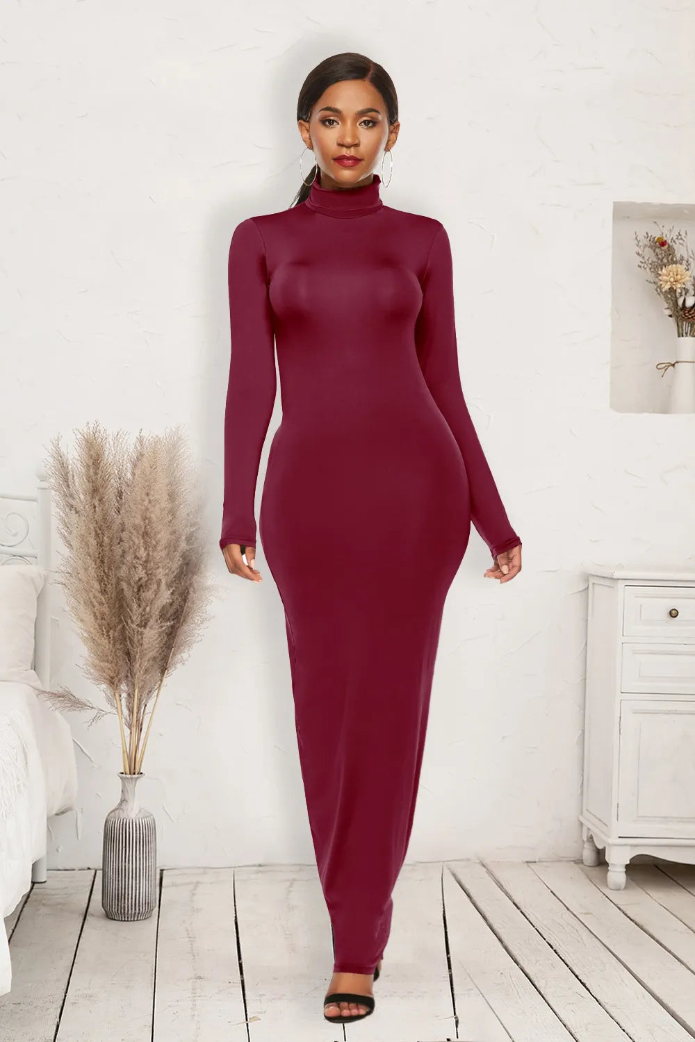 Mock neck long sleeve bodycon maxi dress front view