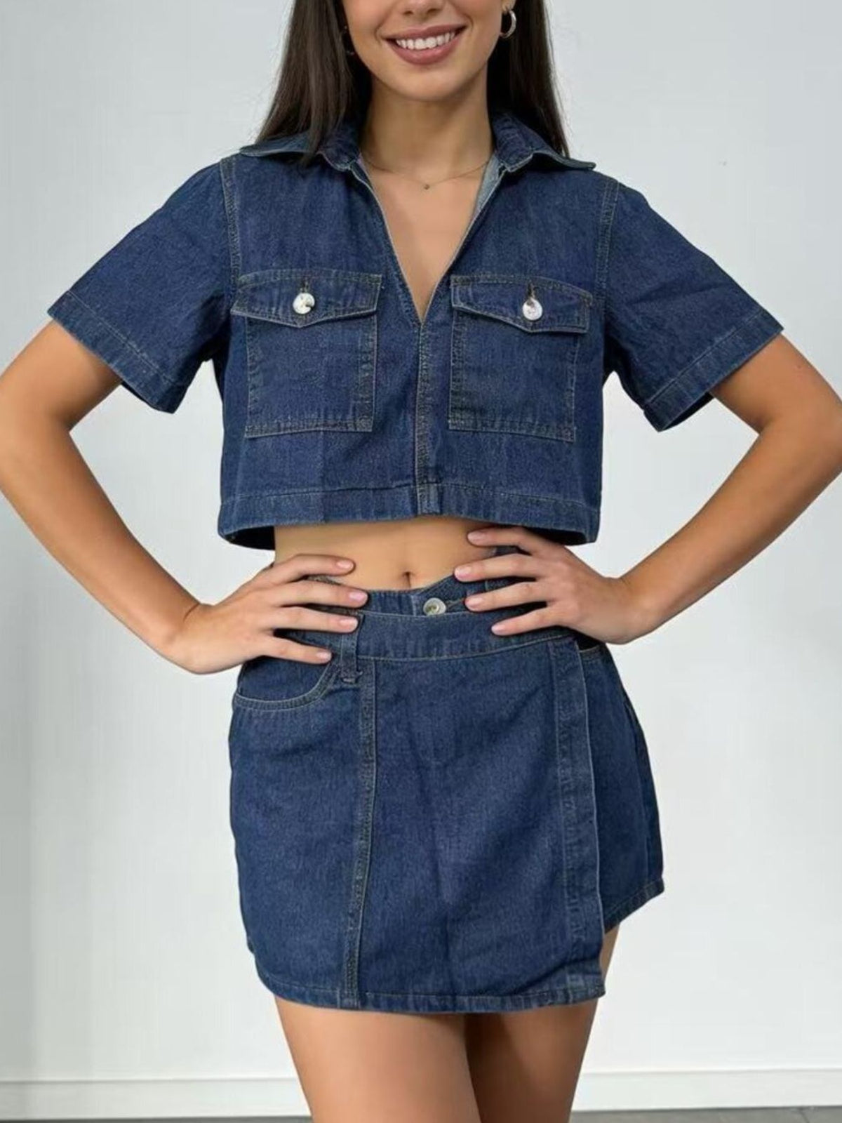 Blue denim two piece set fabric detail