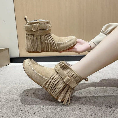 Fringe Round Toe Boots Khaki - Fashorio