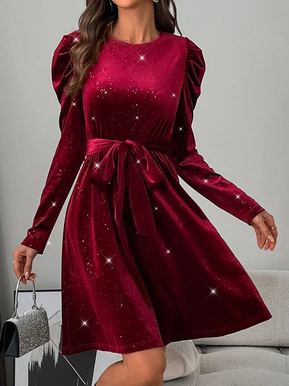 glitter round neck puff sleeve dress sleeve detail
