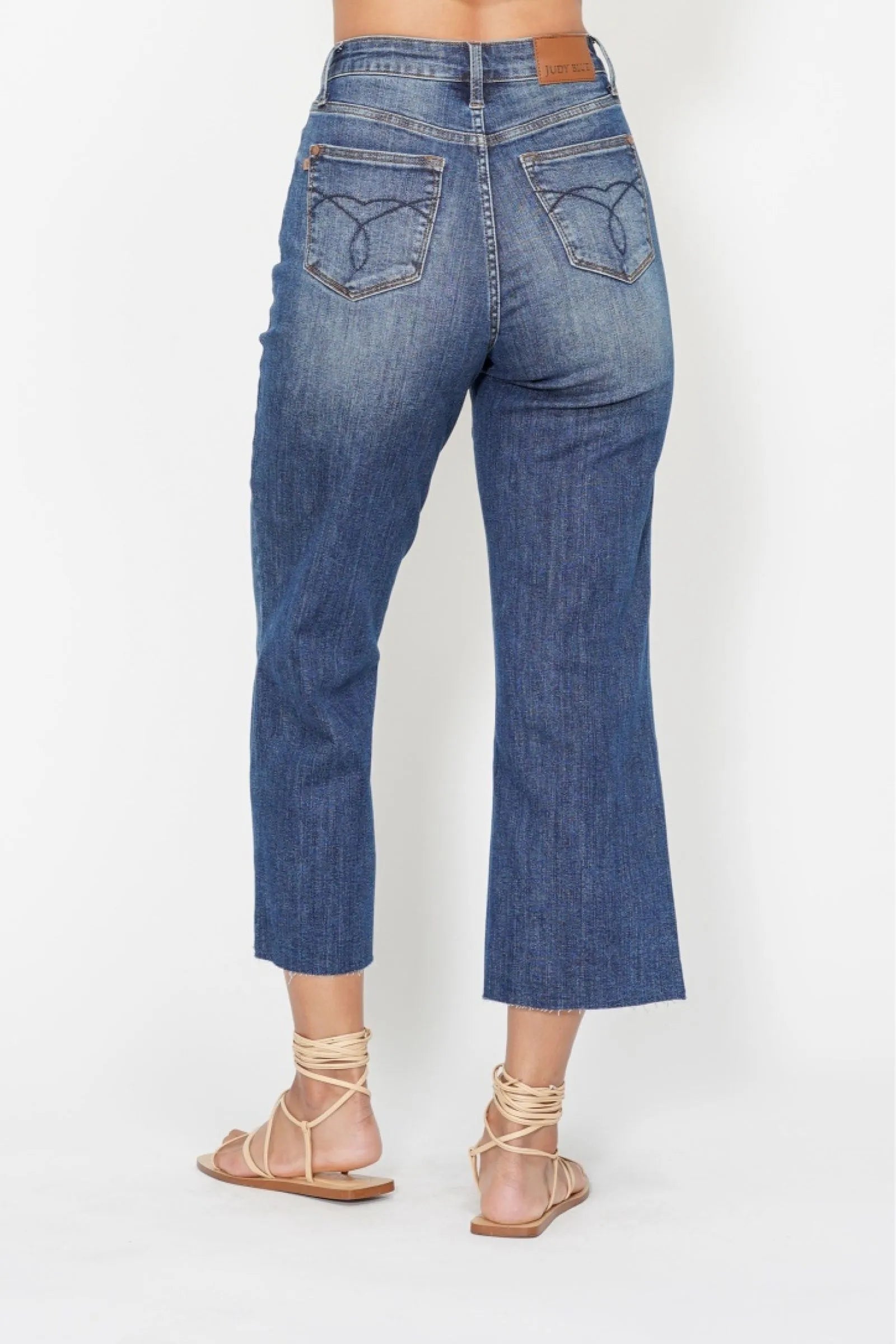 Judy Blue High Waist Back Pocket Embroidery Crop Wide Jeans - Fashorio