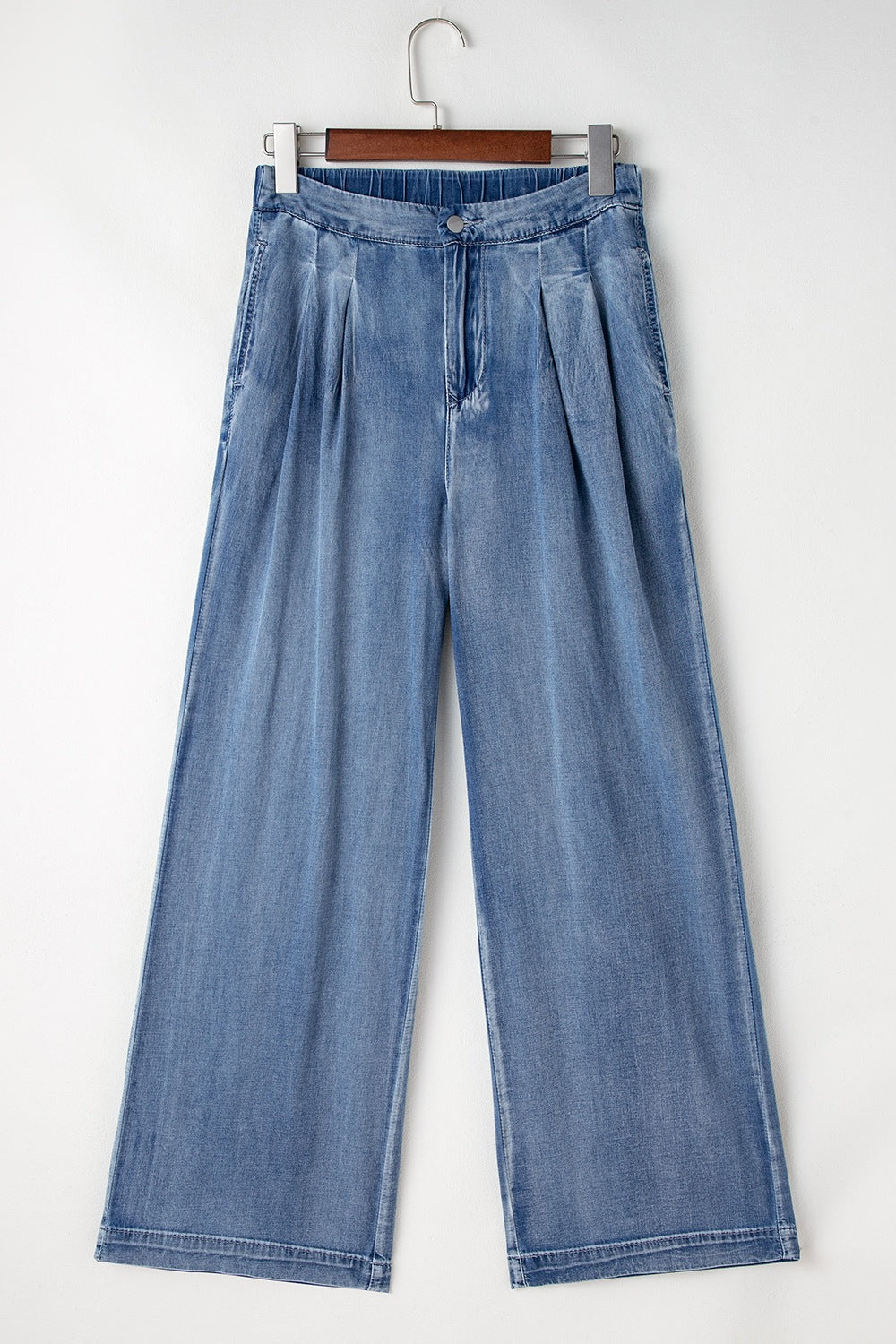 Side view of high waist wide leg denim
