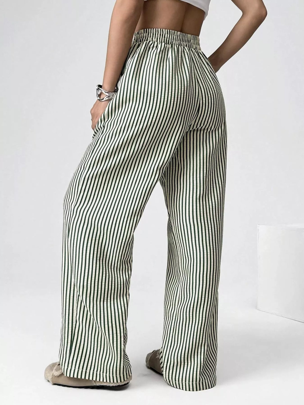 Striped high waist wide leg pants, side view