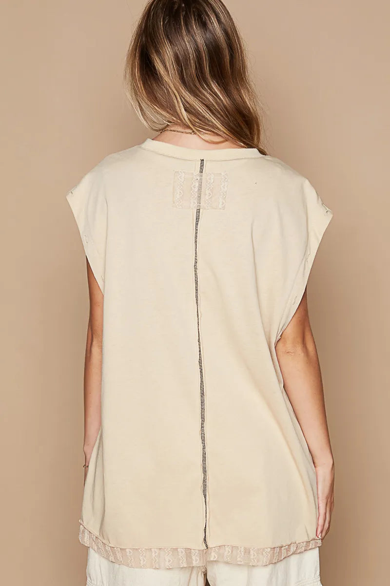 POL Star Patch Studded Sleeveless T-Shirt with Lace Hem - Fashorio