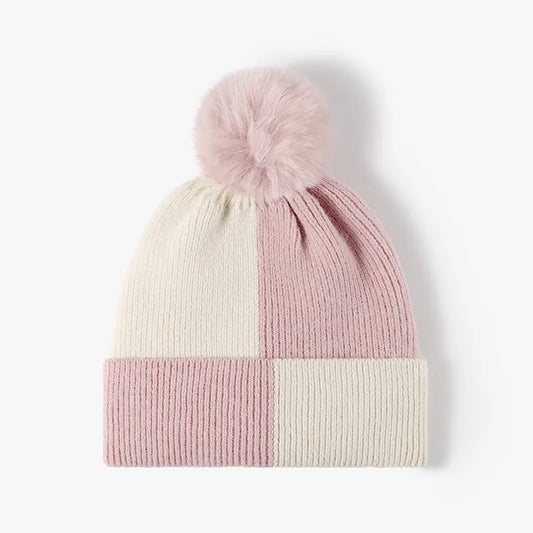 Color Block Knit Hat with Pom-pom Blush Pink One Size - Fashorio