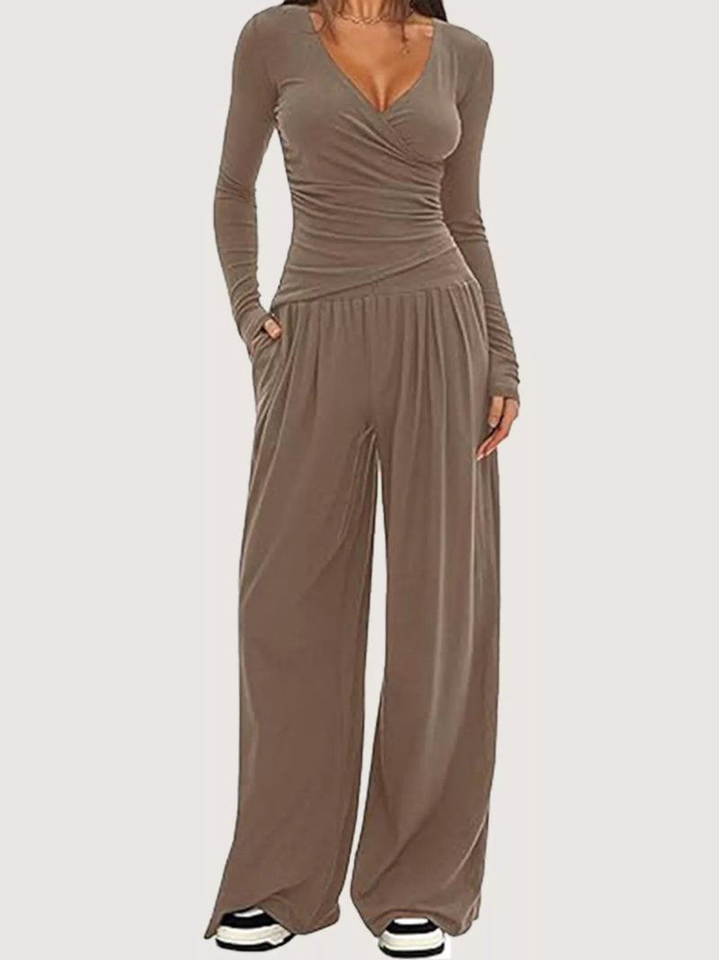 Casual long sleeve top and wide leg pants set front view