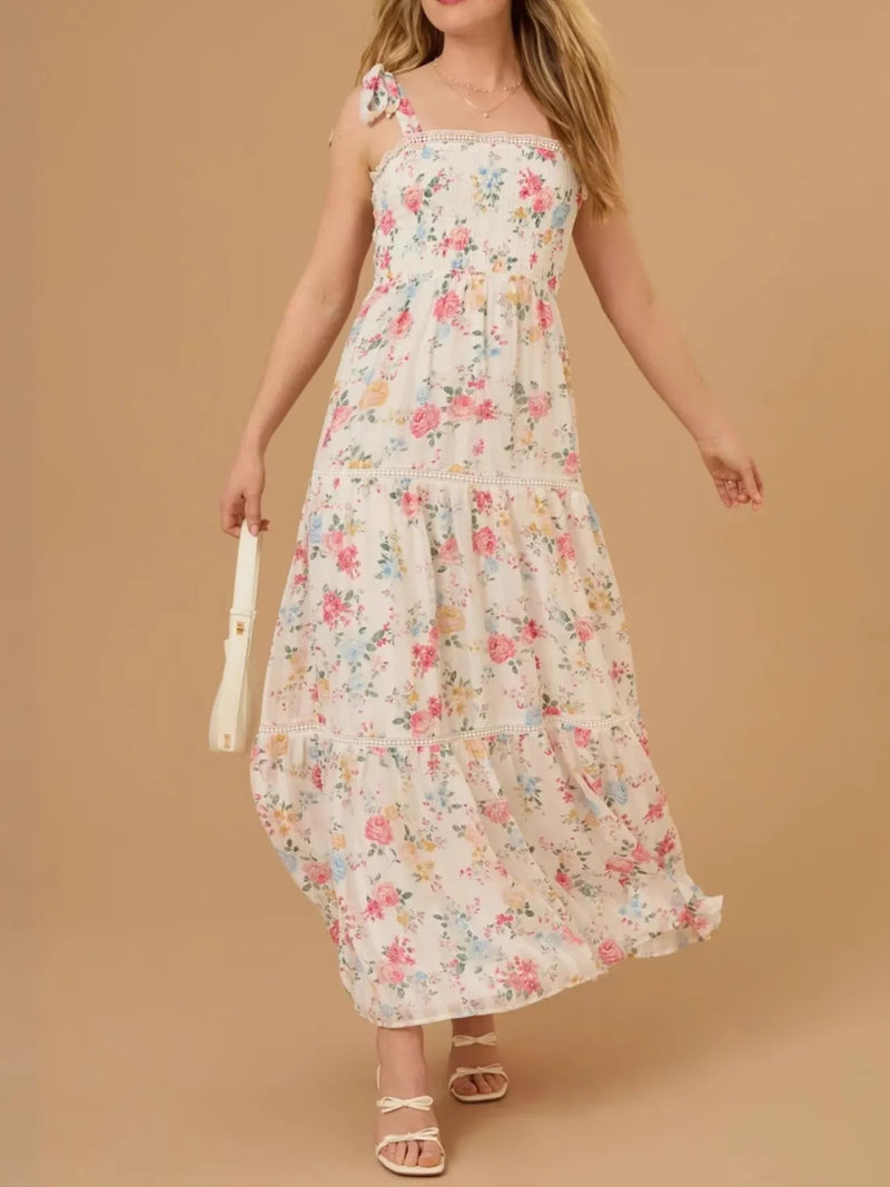 Cream floral tiered maxi dress front view