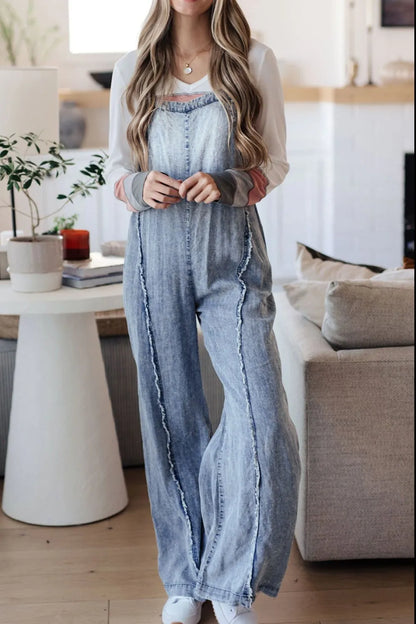 Frayed Exposed Seam Wide Leg Denim Overalls - Fashorio